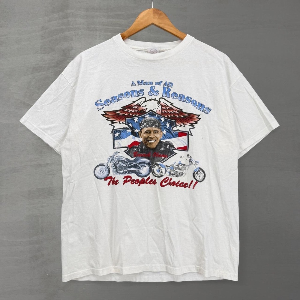 Vintage Harley Style White Barack Obama Biker Shirt Large